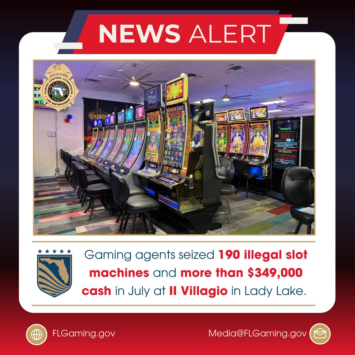 FLGamingControl's tweet image. The Florida Gaming Control Commission has completed an enforcement action at the business known as Il Villagio in Lady Lake, Florida, following a months-long criminal investigation into illegal gambling operations at the site. FGCC law enforcement agents executed a search warrant…