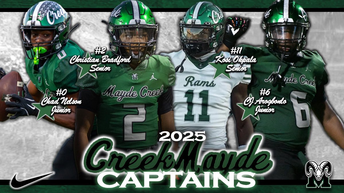 MAYDE CREEK RAMS (@mcramfootball) on Twitter photo Hard Work + Discipline = Trust
No one better exemplifies our program’s formula for success both on and off the field than these guys!
Introducing our #CreekMayde Captains for the 2025 football season! #WeAre
<a href="/chad_superman/">Chad Nelson ‘27</a>
<a href="/iiamchris9/">Christian Bradford</a>
<a href="/Kosi_Okpala/">Kos! ‘26 OLB 🇳🇬</a>
<a href="/ChristianArogb/">Christian “CJ” Arogbonlo</a> Hard Work + Discipline = Trust
No one better exemplifies our program’s formula for success both on and off the field than these guys!
Introducing our #CreekMayde Captains for the 2025 football season! #WeAre
<a href="/chad_superman/">Chad Nelson ‘27</a>
<a href="/iiamchris9/">Christian Bradford</a>
<a href="/Kosi_Okpala/">Kos! ‘26 OLB 🇳🇬</a>
<a href="/ChristianArogb/">Christian “CJ” Arogbonlo</a>