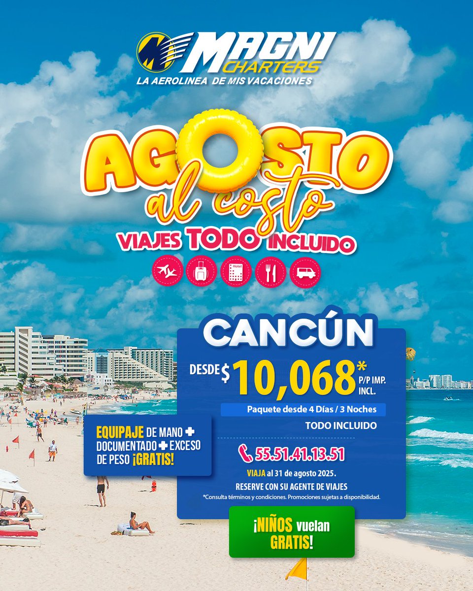 ¡No estás para saberlo, pero un viajecito a Cancún te haría muy feliz! 😁
Reserva ahora tu paquete al mejor precio y viaja en agosto magnicharters.com