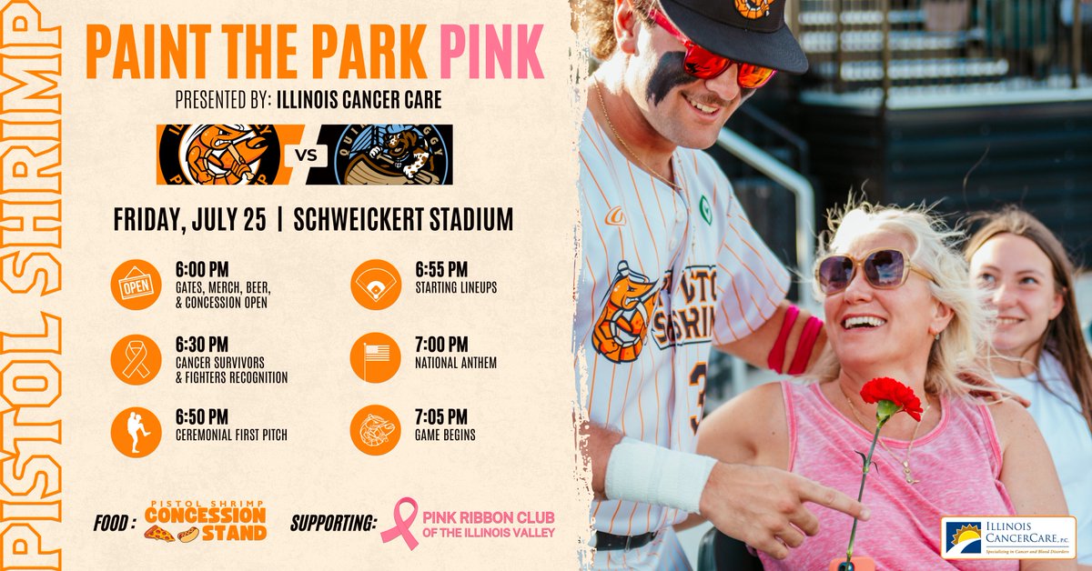 PShrimpBaseball's tweet image. Tonight at Schweickert Stadium ➡️ Paint The Park Pink presented by Illinois CancerCare!🌷
🏟️ Gates Open 6:00
⚾️ First Pitch 7:05
Supporting Pink Ribbon Club of the Illinois Valley
Cancer Survivors & Fighters Recognition 6:30
#FearTheClaw | More Info ⬇️
pistolshrimpbaseball.com/x/l4d6h