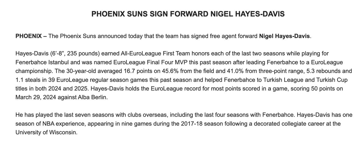 GeraldBourguet's tweet image. Officially official: Suns sign Nigel Hayes-Davis