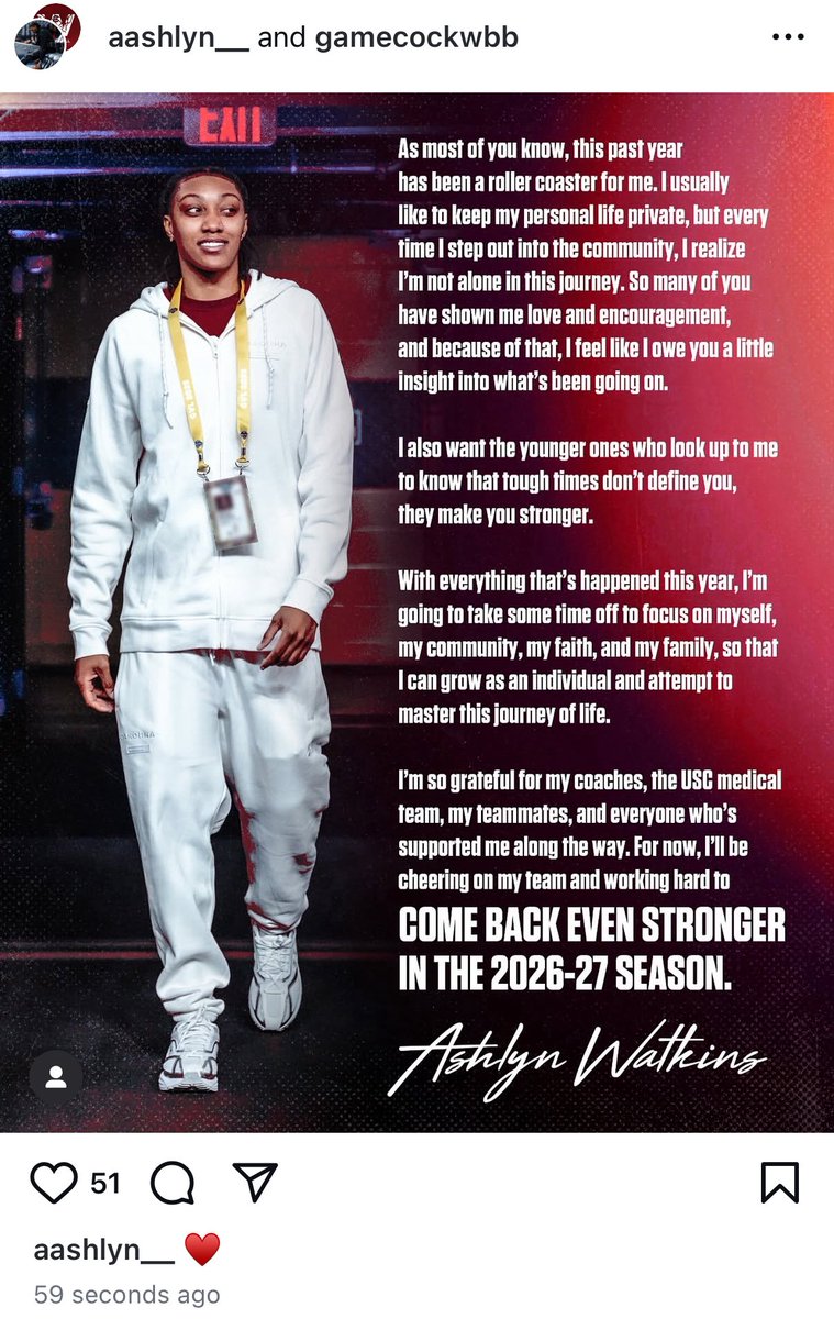 jaredparkertv's tweet image. Ashlyn Watkins announces she’ll be sitting out the 2025-2026 basketball season in a shared post with @GamecockWBB