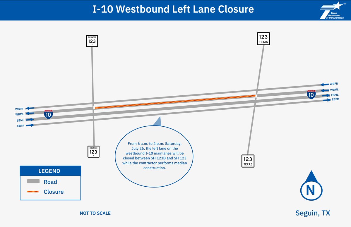 TxDOTSanAntonio's tweet image. I-10 Seguin
TRAFFIC ALERT: Left lane on I-10 WB mainlanes between SH 123B and SH 123 will be closed on Saturday, July 26 at 6 a.m. to 4 p.m. for median construction. #seguintx #guadalupe