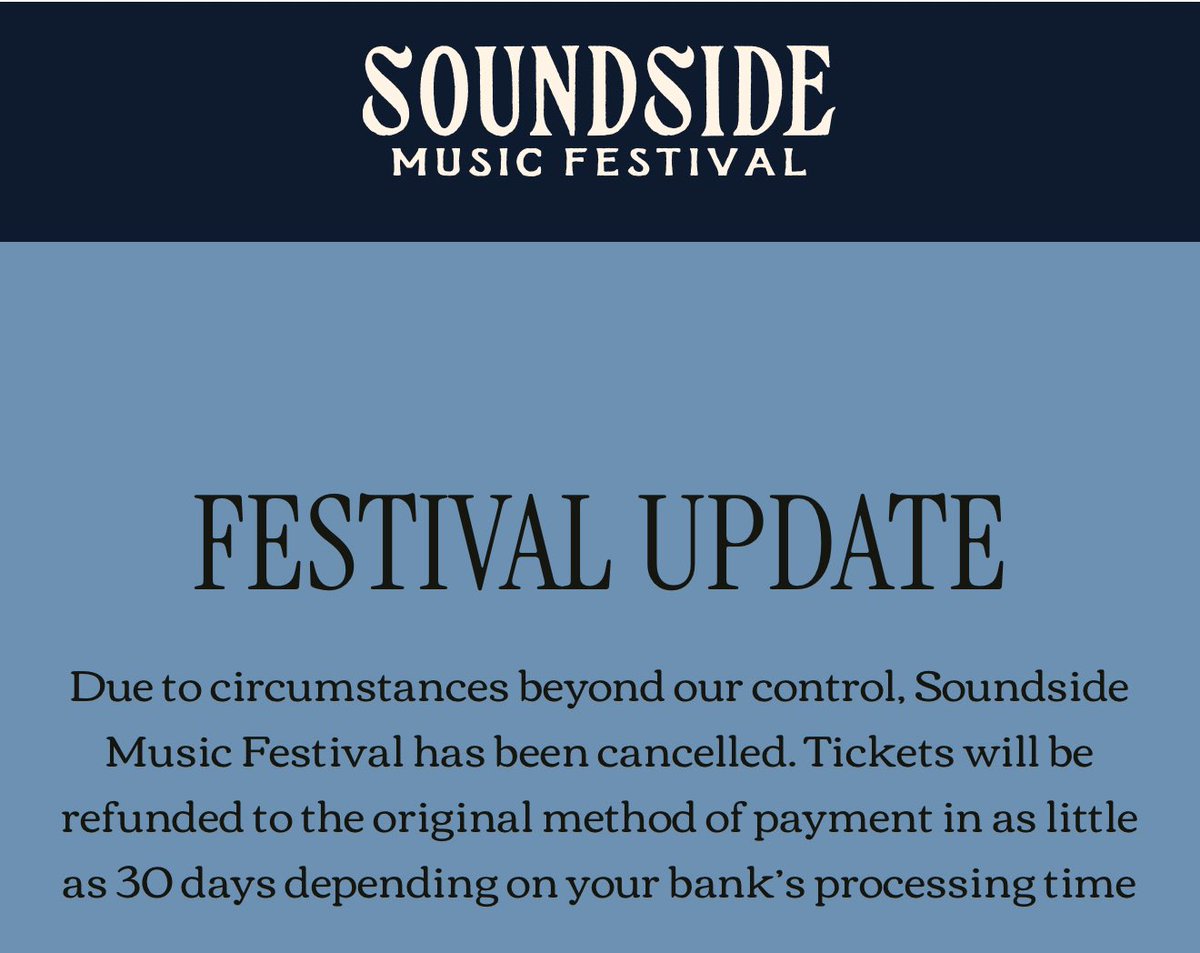 TheFestiveOwl's tweet image. Soundside Music Festival has been cancelled and will no longer take place this September in Connecticut.
