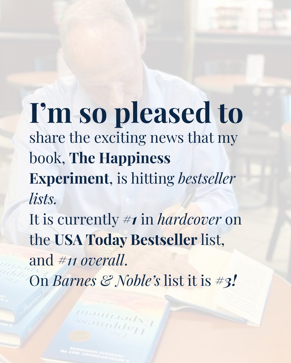 happyXperiment's tweet image. The Happiness Experiment is:
• #1 Hardcover – USA Today
• #11 overall
• #3 Barnes & Noble
Thanks to every reader who shared, reviewed, and supported the journey. Your belief in this message is what’s making the challenge so impactful.
#TheHappinessExperiment