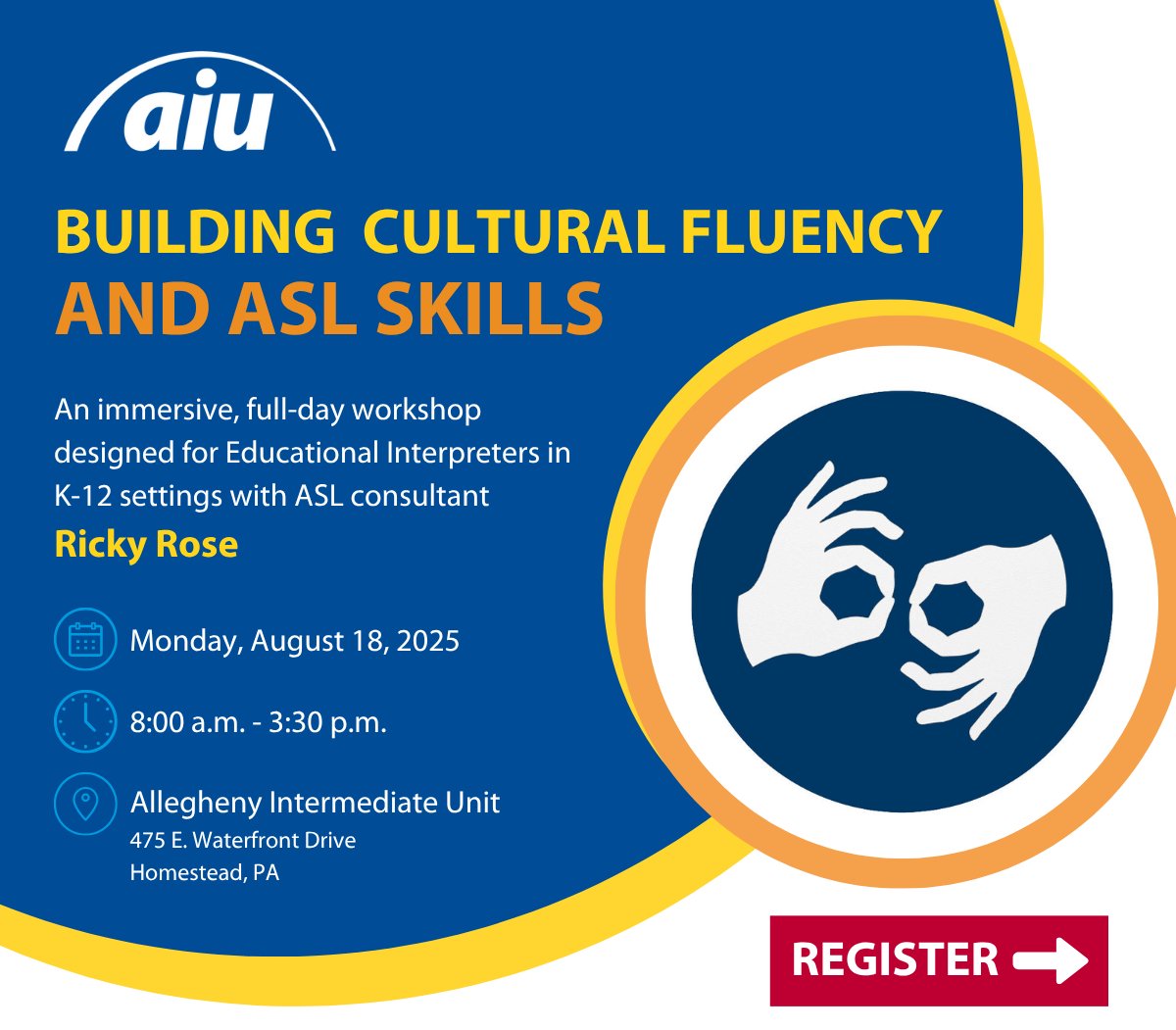 AlleghenyIU's tweet image. Calling all Educational Interpreters! Join the AIU for an immersive, full-day workshop to build cultural fluency and ASL skills in the K-12 setting. Register at loom.ly/OijkJ5w