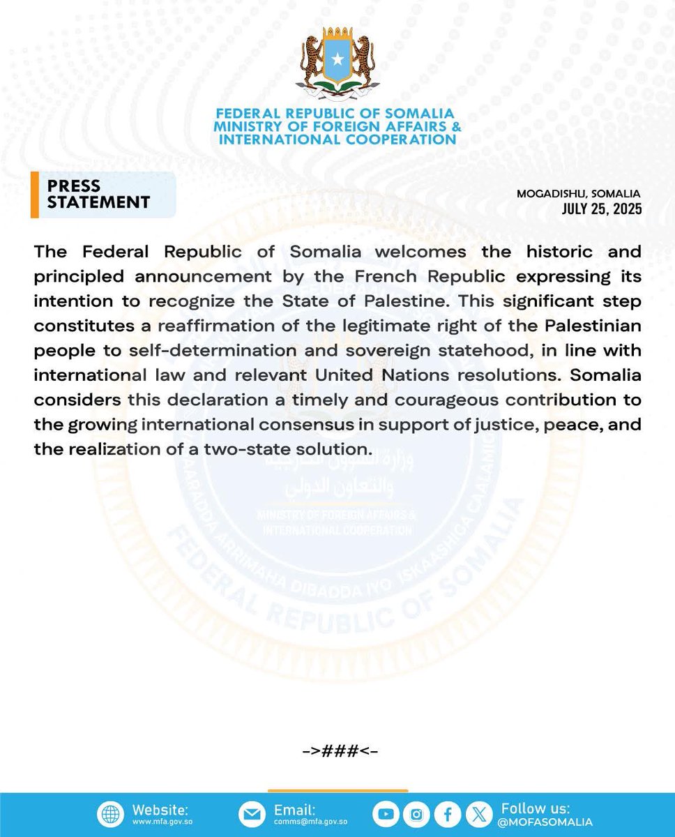 Abdikarindahirr's tweet image. ๐ฃ๐ฟ๐ฒ๐๐ ๐ฅ๐ฒ๐น๐ฒ๐ฎ๐๐ฒ: The Federal Republic of Somalia Welcomes Franceโs Historic Announcement to Recognize the State of Palestine.
#Palestine #Somalia