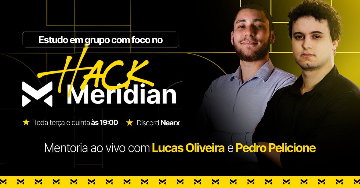 Agora você pode se preparar ainda mais para o grande evento do HackMeridian que ira acontecer nos dias 15 e 16 de setembro aqui no coração do Rio de Janeiro no Copacabana Palace.

Toda Terça e Quinta às 19h você tera um encontro ao vivo com os professores da NearX para te