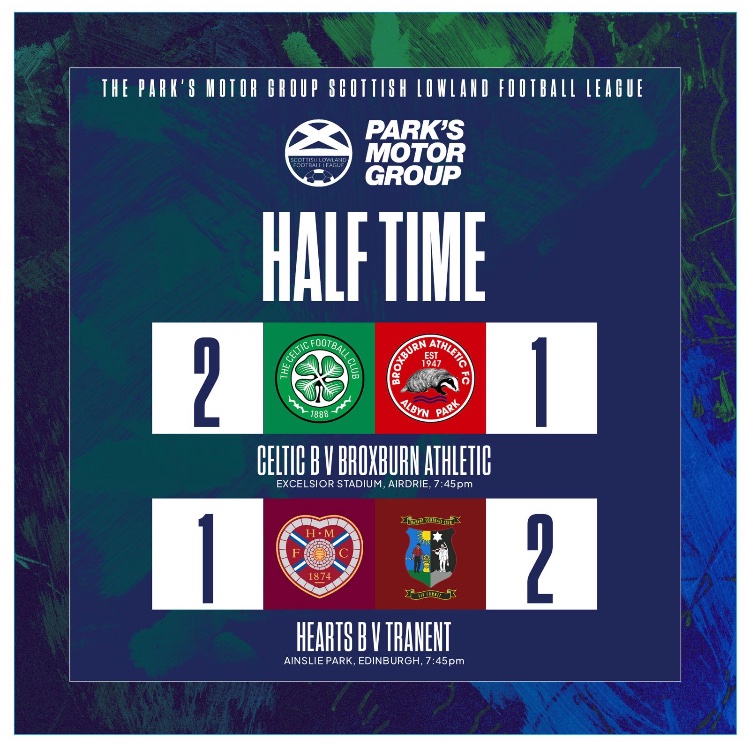 OfficialSLFL's tweet image. HALF TIME: Celtic B and Tranent lead at the interval. @parksmotorgroup @EagleviewEvents