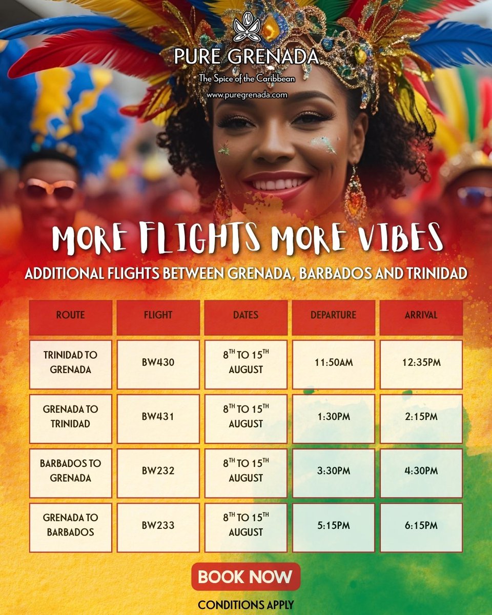 ✈️ You asked, we delivered. More Flights, More Vibes! 🇬🇩
Getting to Spicemas 2025 just got even easier!

🎉 Book now at caribbean-airlines.com and don’t miss the sweetest carnival, Spicemas.