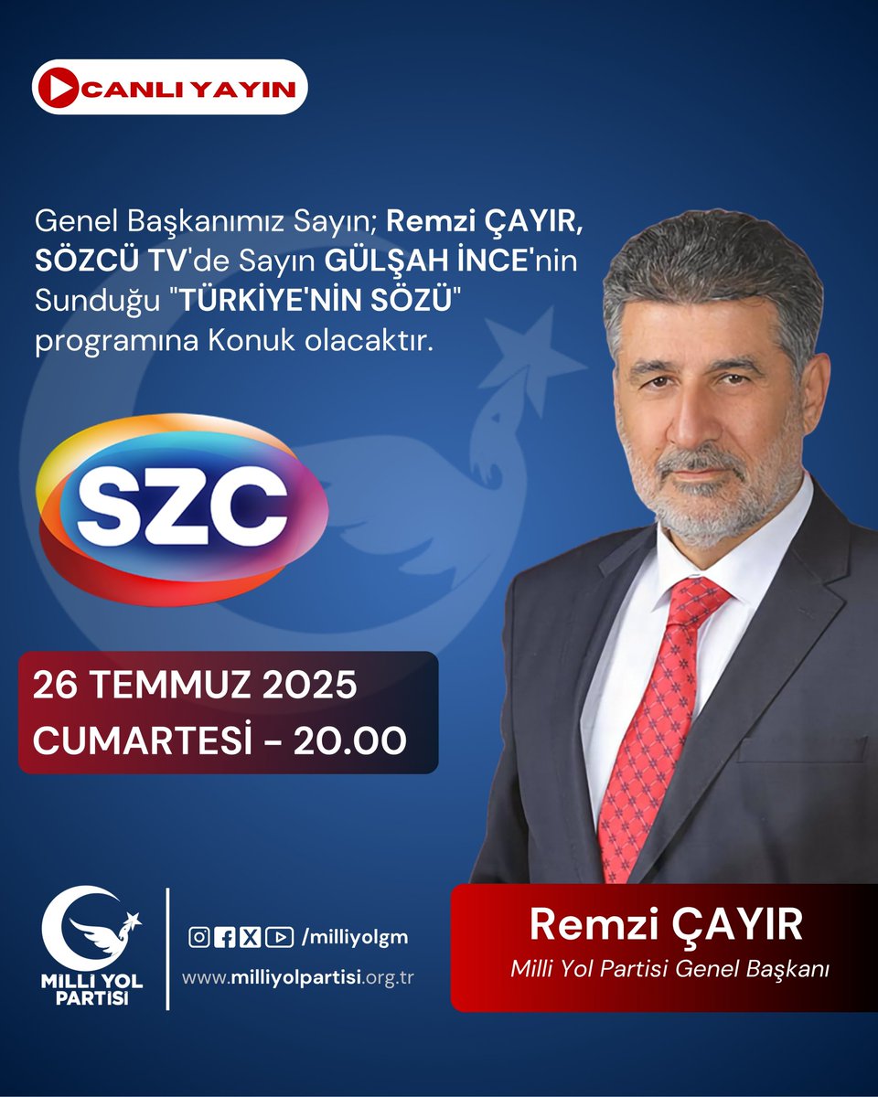 Milli Yol Partisi (@milliyolgm) on Twitter photo Genel Başkanımız Sayın; Remzi ÇAYIR,
SÖZCÜ TV'de Sayın GÜLŞAH İNCE'nin
Sunduğu "TÜRKİYE'NİN SÖZÜ" programına Konuk olacaktır.
<a href="/szctelevizyonu/">SÖZCÜ Televizyonu</a> <a href="/gulsahince/">Gülşah İnce</a> Genel Başkanımız Sayın; Remzi ÇAYIR,
SÖZCÜ TV'de Sayın GÜLŞAH İNCE'nin
Sunduğu "TÜRKİYE'NİN SÖZÜ" programına Konuk olacaktır.
<a href="/szctelevizyonu/">SÖZCÜ Televizyonu</a> <a href="/gulsahince/">Gülşah İnce</a>