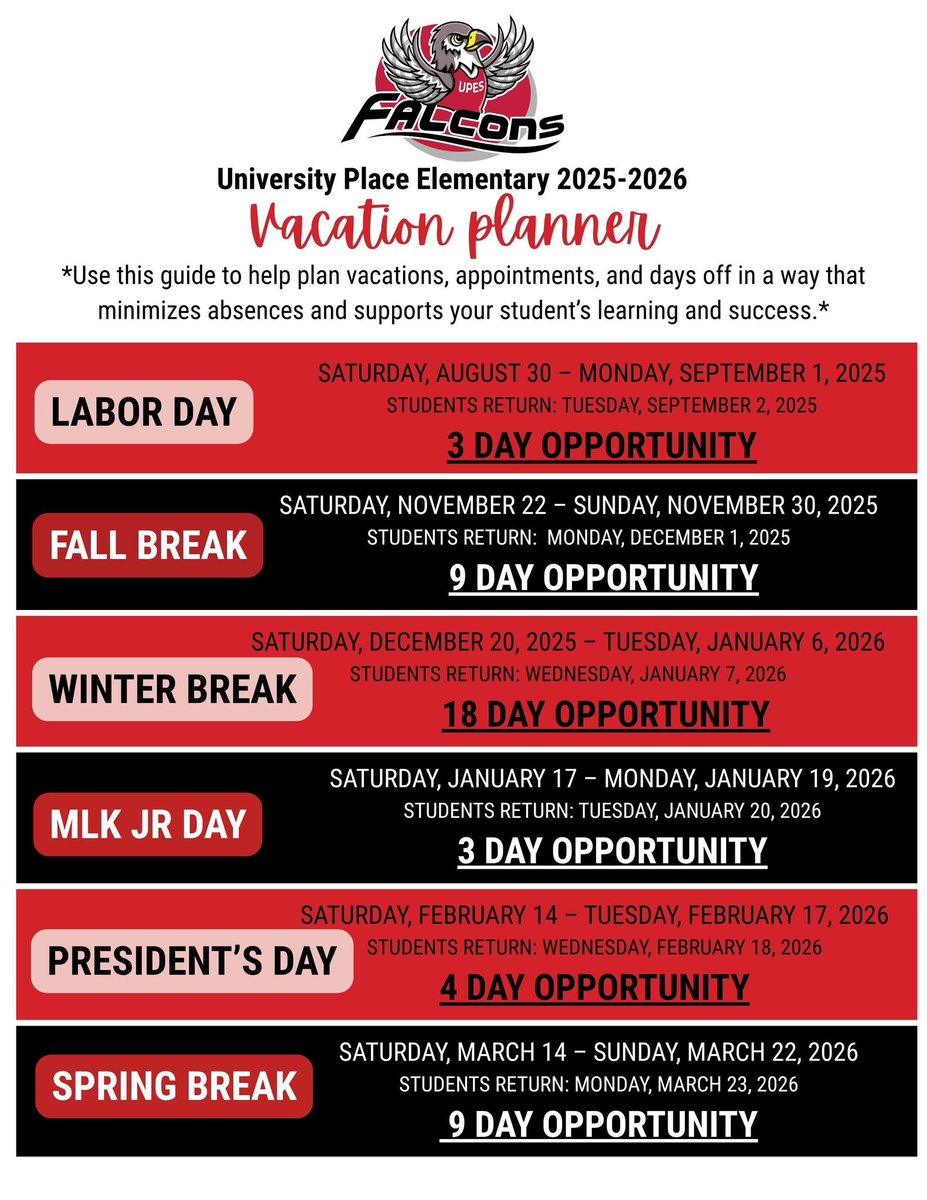 University Place (@upes_leads) on Twitter photo The school year is near and full of purpose & possibilities📚 Be PROACTIVE—prioritize attendance‼️ Use our UPES vacation planner to schedule trips so your child doesn’t miss valuable instruction📒🍎 #EveryDayCounts ❤️🦅 #NothingIsImpossible <a href="/nakelya/">Nakelya Mullins</a> <a href="/TCSBoardofEd/">T🍏S Board of Ed</a> <a href="/bookishkandi/">Kandi Massey</a> The school year is near and full of purpose & possibilities📚 Be PROACTIVE—prioritize attendance‼️ Use our UPES vacation planner to schedule trips so your child doesn’t miss valuable instruction📒🍎 #EveryDayCounts ❤️🦅 #NothingIsImpossible <a href="/nakelya/">Nakelya Mullins</a> <a href="/TCSBoardofEd/">T🍏S Board of Ed</a> <a href="/bookishkandi/">Kandi Massey</a>
