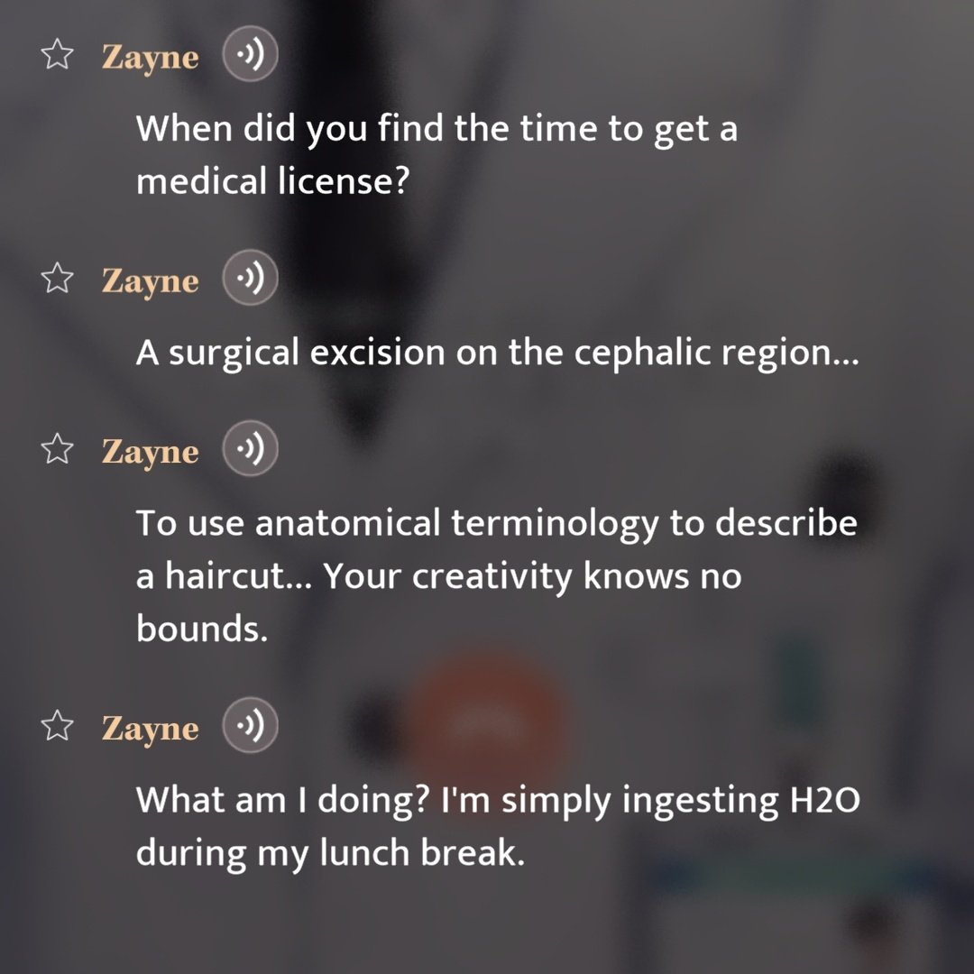 frozenjas's tweet image. mc using "surgery on cephalic region" to describe haircut and zayne saying he's "ingesting H2O" ...their freaks matched
