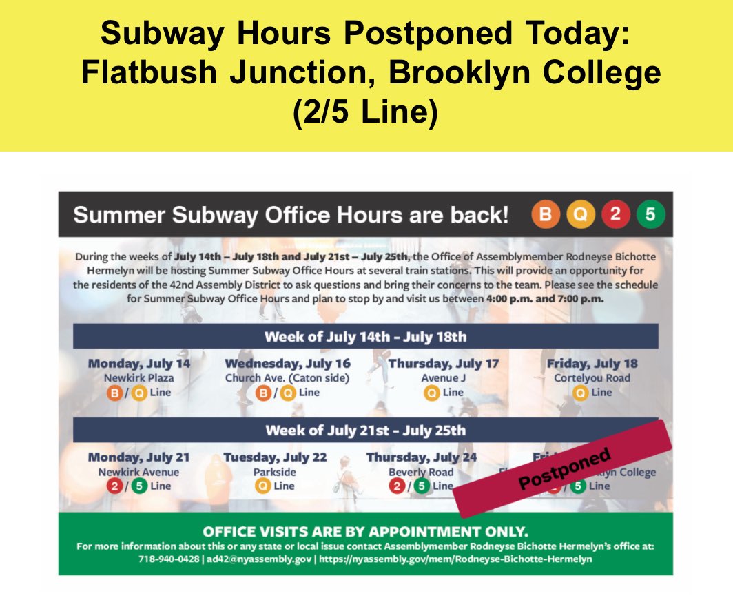 NYSBichotteHerm's tweet image. 🚨 Important Update 🚨
Due to the extreme heat and incoming thunderstorms, today’s Summer Subway Hours at Flatbush Brooklyn College (2/5 line) have been postponed for everyone’s safety.
Stay cool, stay safe, and keep an eye out—we’ll announce a new date soon!
☀️ Read more…