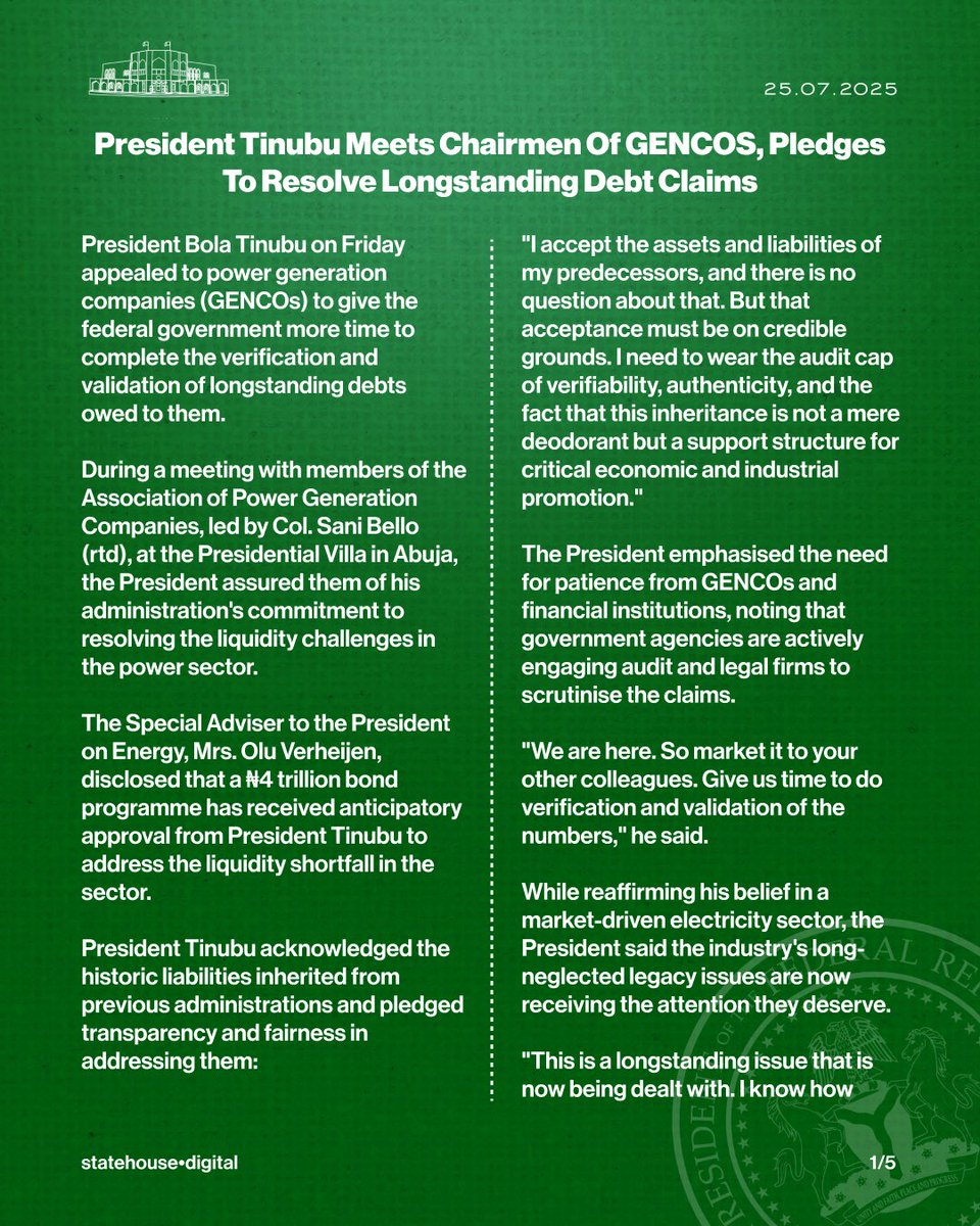 NGRPresident's tweet image. President Tinubu Meets Chairmen Of GENCOS, Pledges To Resolve Longstanding Debt Claims