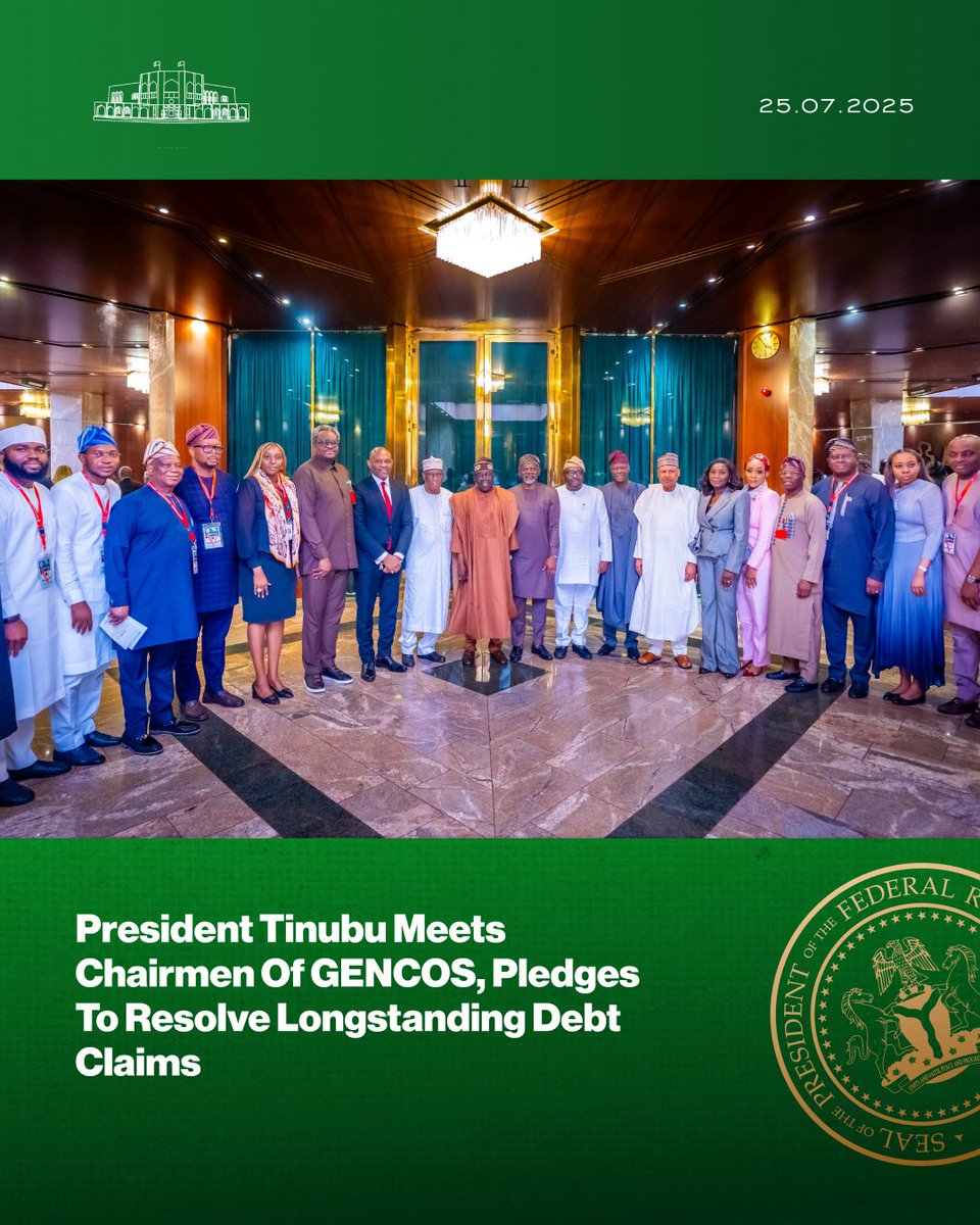 NGRPresident's tweet image. President Tinubu Meets Chairmen Of GENCOS, Pledges To Resolve Longstanding Debt Claims