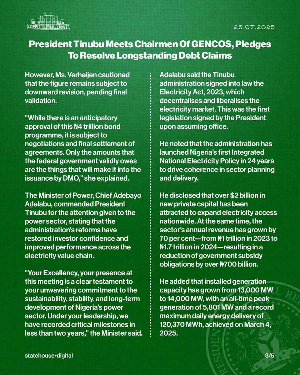 NGRPresident's tweet image. President Tinubu Meets Chairmen Of GENCOS, Pledges To Resolve Longstanding Debt Claims
