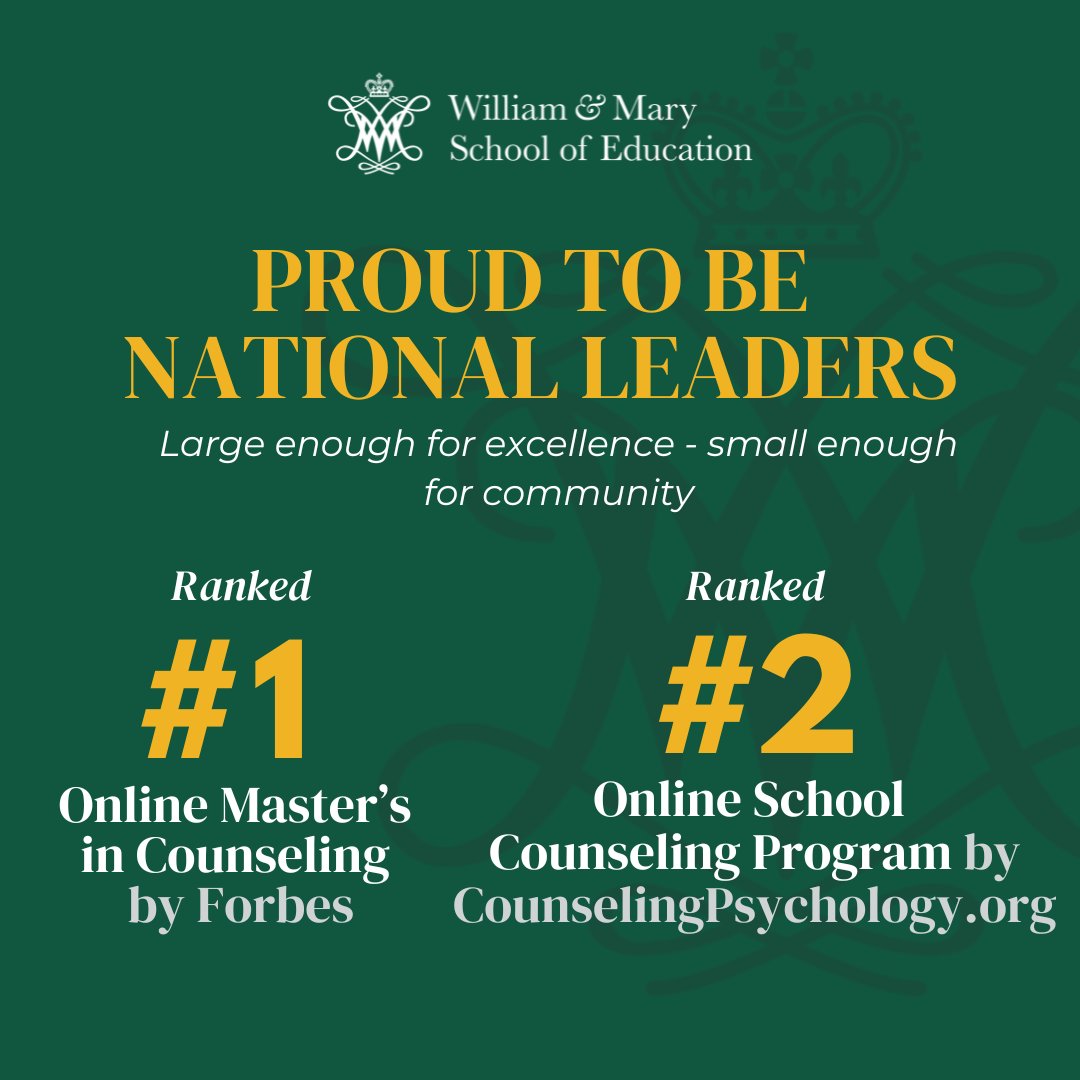 W&M School of Education (@wmsoe) on Twitter photo We're beyond proud to be national leaders in counseling education! Our mission continues to be recognized, with a #1 ranking for Online Master’s in Counseling by Forbes and a #2 ranking for Online School Counseling Program by CounselingPsychology.org. We're beyond proud to be national leaders in counseling education! Our mission continues to be recognized, with a #1 ranking for Online Master’s in Counseling by Forbes and a #2 ranking for Online School Counseling Program by CounselingPsychology.org.