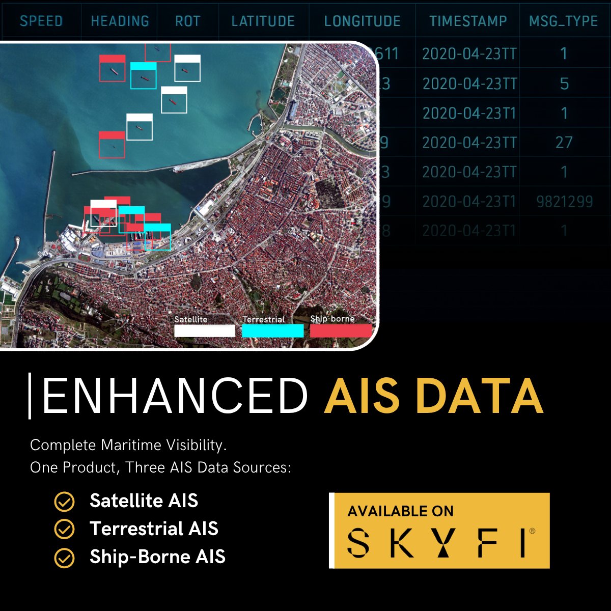 SkyfiApp's tweet image. Tired of fragmented vessel tracking?
SkyFi AIS combines Satellite, Terrestrial & Ship-Borne sources in one clean stream. Try it now: app.skyfi.com/analytics/ais-…