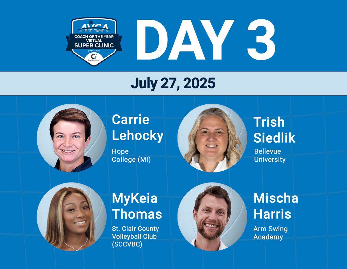DAY 3 of the AVCA Coach of the Year Virtual Super Clinic includes sessions from:

  🔥 Carrie Lehocky - Hope College (MI)
  🔥 Trish Siedlik - Bellevue University
  🔥 MyKeia Thomas - St. Clair County VBC
  🔥 Mischa Harris - Arm Swing Academy

Watch here