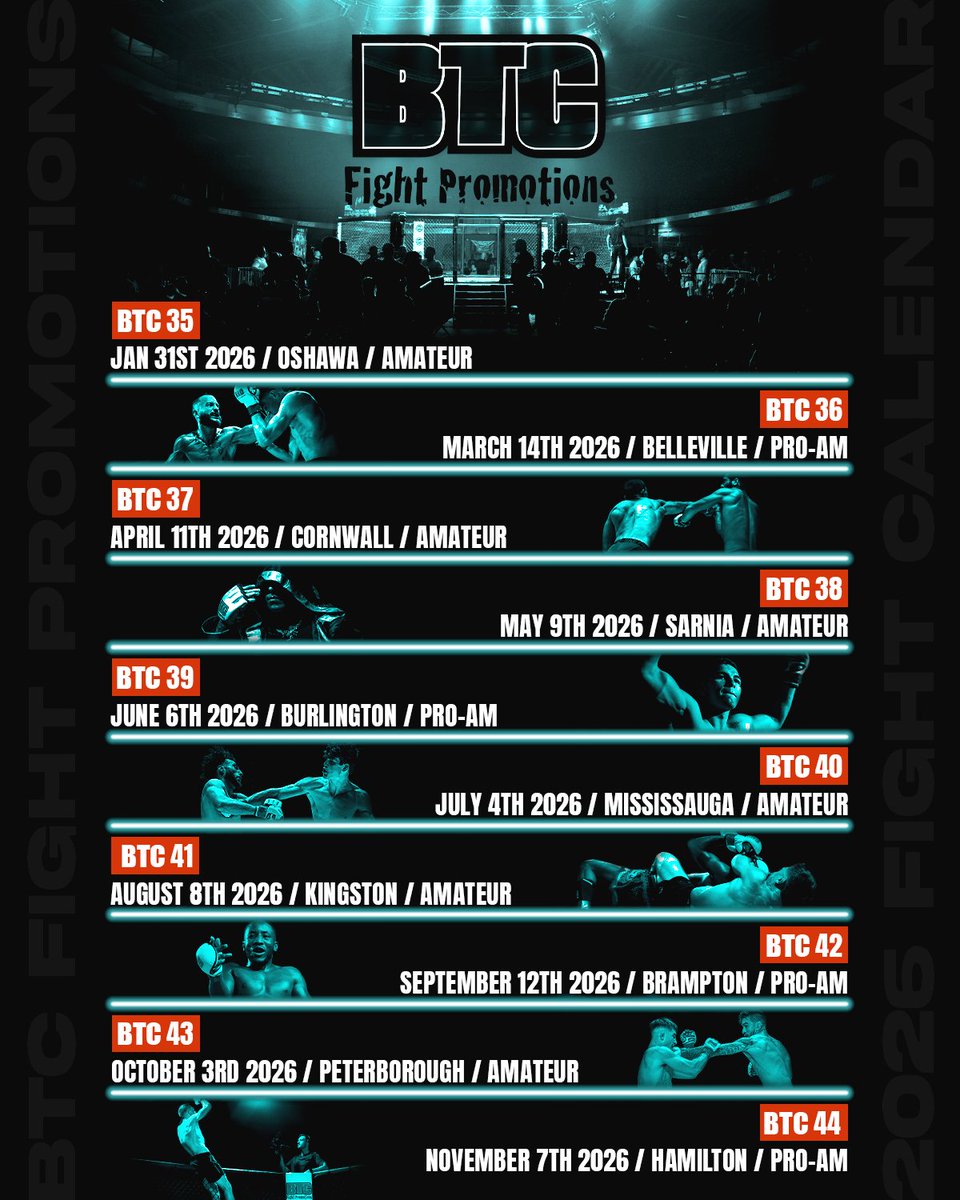BTCFight's tweet image. BTC Fight Promotions 2026 Schedule 🔥 We’re bringing you more events than ever!!
Ten shows across spread across Ontario including 3 NEW cities 🤯
#BTCFight #ProMMA #AmateurMMA #ProAm #TheFuture #CanadianMMA #2026