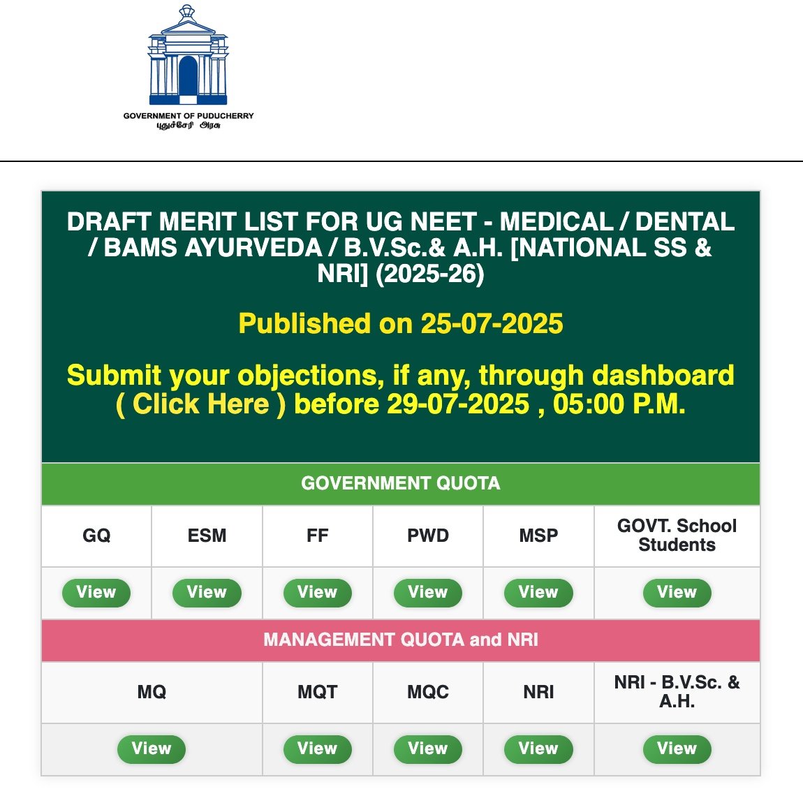 MRK_POLLACHI's tweet image. #CENTAC has released the draft merit list. #NEETUG
If you have any objections, submit it through the dashboard before 29.07.2025 - 05:00 PM.