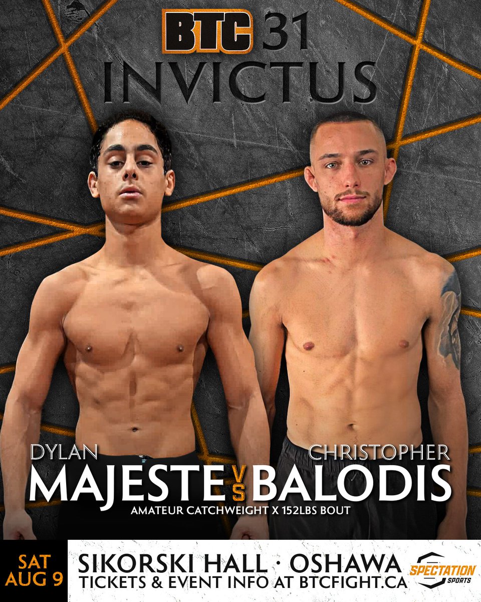 BTCFight's tweet image. Four more fights signed for Oshawa, including undefeated prospects Dylan Majeste (3-0) vs. Christopher Balodis (4-0) 💥 Join us on August 9th at Sikorski Hall for another action-packed night of amateur MMA!! #BTC31 #Oshawa #MMA