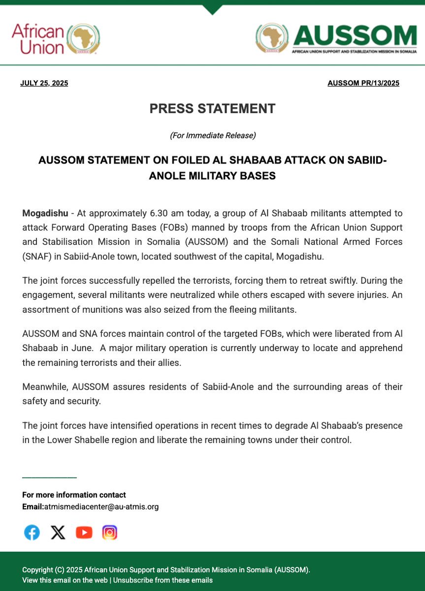 aussom_'s tweet image. #Statement: AUSSOM Statement on foiled Al Shabaab attack on Sabiid- Anole Military Bases
Read more → bit.ly/4kSEklP