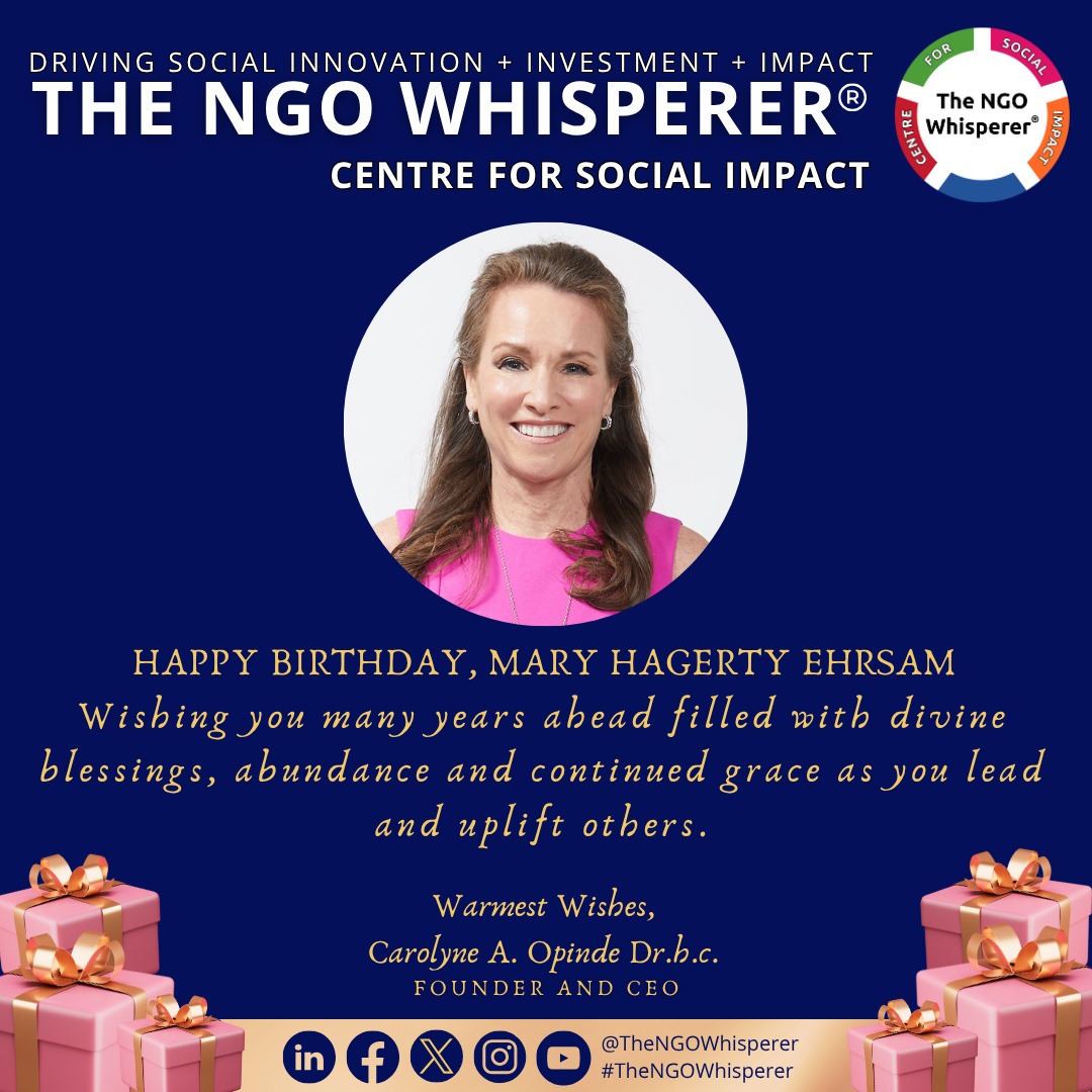 Happy Birthday, @maryehrsam🎉. 
We wish you many years filled with divine blessings, abundance and continued grace as you lead and uplift others. 
Happy birthday, Ma'am 🎂🎉🥂!  
With heartfelt appreciation,
~
<a href="/CarolyneAOpinde/">Carolyne A. Opinde Dr.h.c. MSc. MAPM</a> 
<a href="/TheNGOWhisperer/">The NGO Whisperer® Centre For Social Impact</a>
<a href="/OperationHOPE/">Operation HOPE</a> #WomeninLeadership
