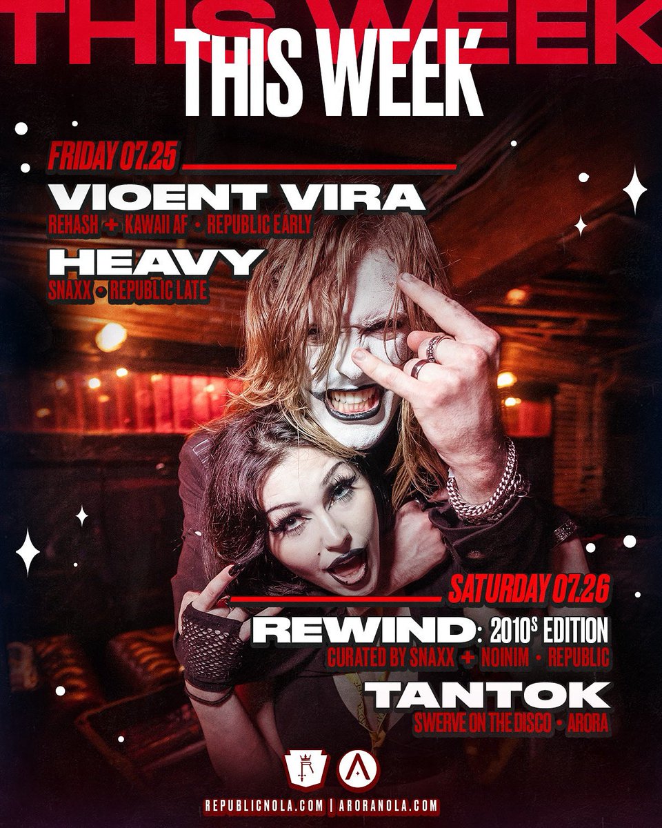 🎸 💿 THIS WEEK! 💿 🎸

FRIDAY 07.25
REPUBLIC (EARLY): VIOLENT VIRA + Rehash + Kawaii AF!
REPUBLIC (LATE): HEAVY: Rock x Metal ft. SNAXX!

SATURDAY 07.26
REPUBLIC: REWIND: 2010's Edition ft. SNAXX + NOINIM!
ARORA: TANTOK + SwerveOnTheDisco!

Grab tickets to this LOADED weekend