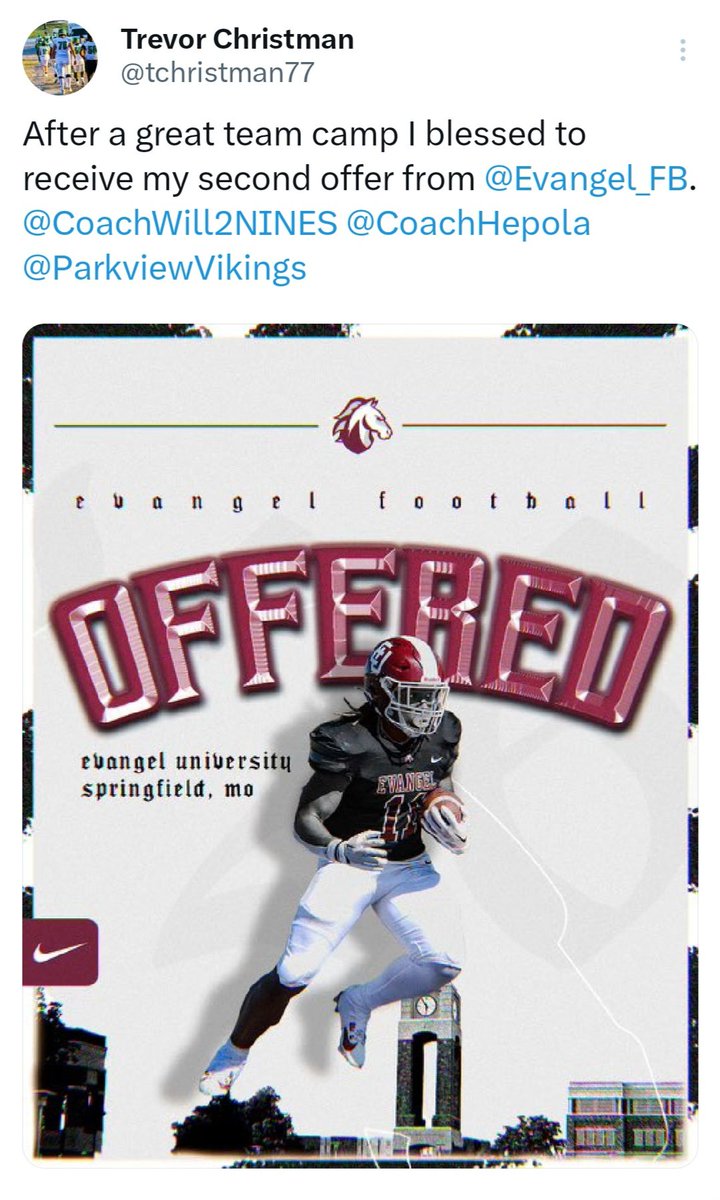 Parkview Football (@parkviewvikings) on Twitter photo Parkview Vikings Football Won 1st Place at Evangel Camp today!! Congrats to our boys and special shout-out to <a href="/SyeHighley_21/">Khasye Highley</a> and <a href="/tchristman77/">Trevor Christman</a> on receiving offers to Evangel afterwards! Parkview Vikings Football Won 1st Place at Evangel Camp today!! Congrats to our boys and special shout-out to <a href="/SyeHighley_21/">Khasye Highley</a> and <a href="/tchristman77/">Trevor Christman</a> on receiving offers to Evangel afterwards!