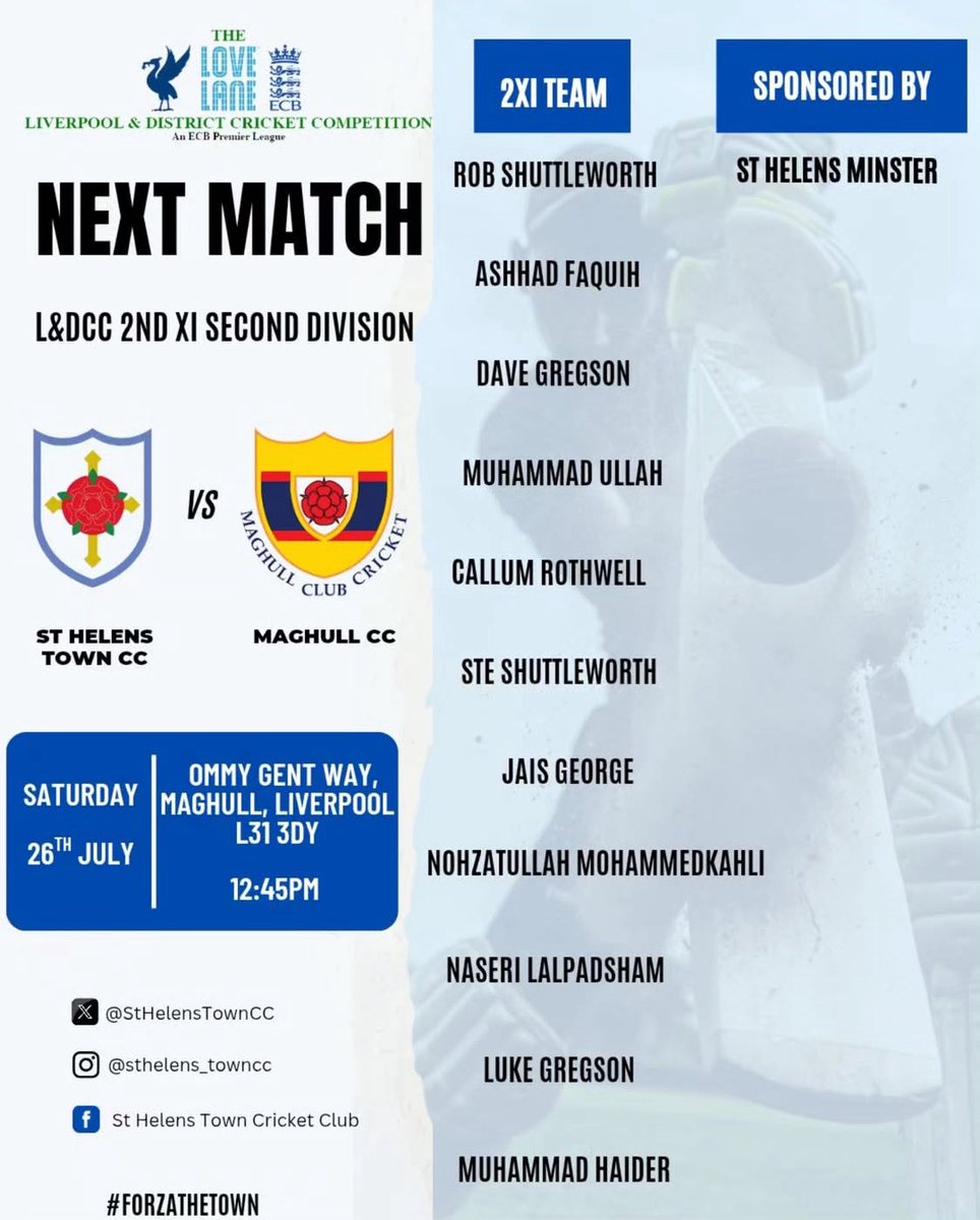 ▫️Weekend team news▫️

1XI looking to notch up another victory at home against Northop Hall whilst the 2XI make the trip to take on Maghull. 

Get yourselves down Ruskin drive to support the boys with some refreshments. 

Game starting at 12pm #ForzaTheTown 💙