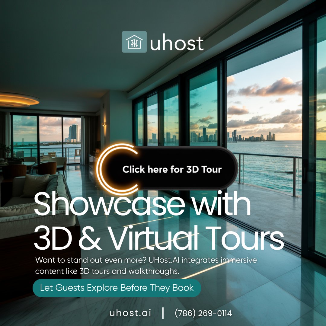 Uhost_ai's tweet image. 🎥 Bring your listing to life with 3D tours &amp;amp; virtual walkthroughs. UHost.AI helps guests explore every corner—before they book. More trust. More bookings.
🔑 Stand out with immersive previews.
Curious how? Link in bio.
#UhostAI #3DTours #SmartRentals #HostSmarter