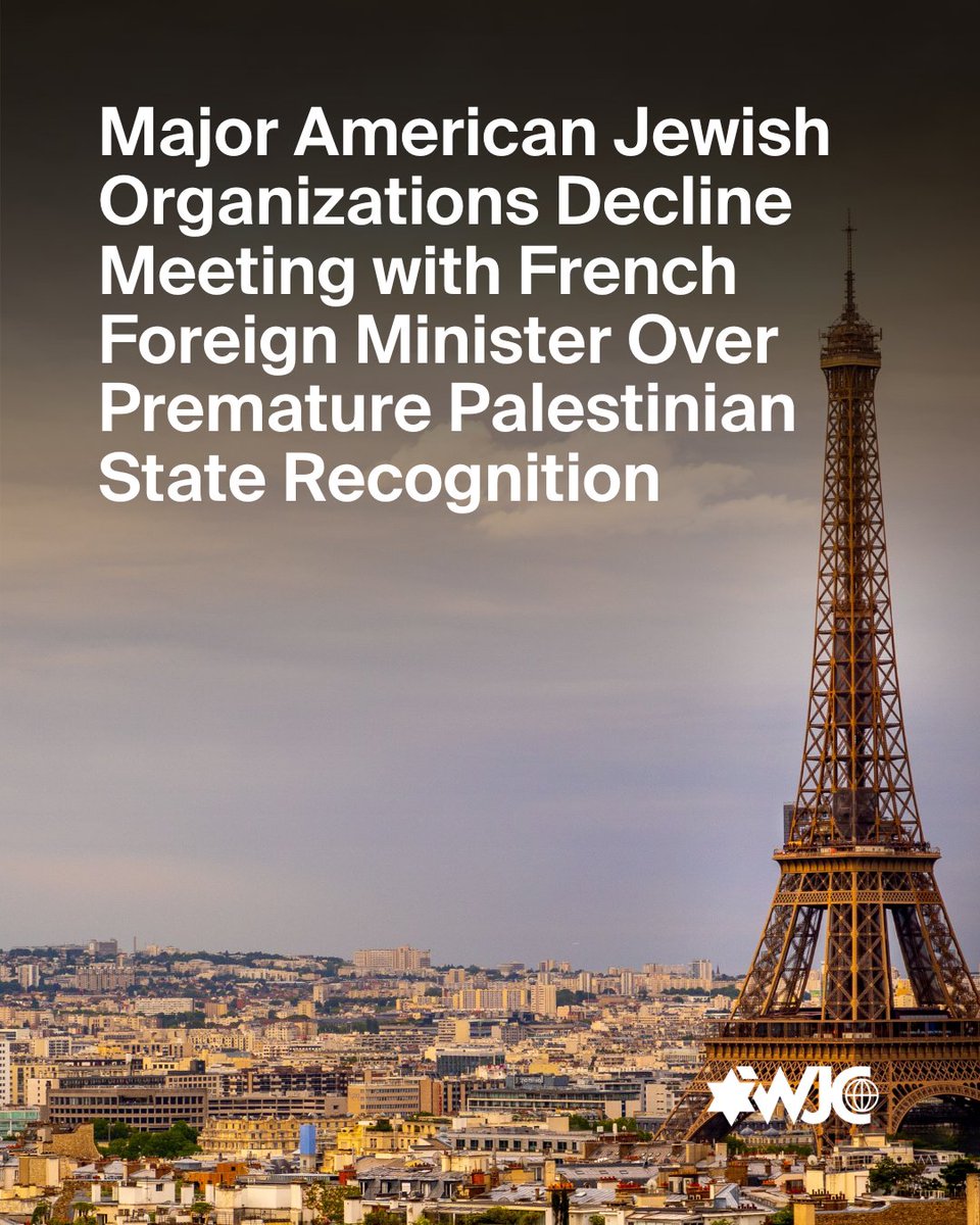 WorldJewishCong's tweet image. A coalition of leading American Jewish organizations, including the World Jewish Congress, @ADL , @AJCGlobal, @AIPAC, @BnaiBrith, @Conf_of_Pres, and @UJAfedNY, respectfully declined an invitation to meet with France’s Minister for Europe and Foreign Affairs, Jean-Noël Barrot.…