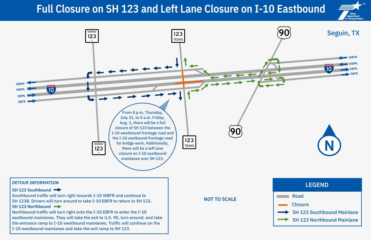 TxDOTSanAntonio's tweet image. SH 123 - Seguin
HEADS UP: SH 123 will be fully closed from Thursday, July 31 at 8 p.m. to Friday, Aug.1 at 5 a.m. between the I-10 WBFR and EBFR for bridge work. I-10 EB left lane over SH 123 will also be closed. #seguintx #guadalupe