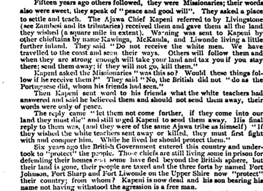 xspotsdamark's tweet image. In the book Africa for the African, British missionary Joseph Booth tells the story of Chief Kapeni of present-day Malawi, who invinted British to traders & missionaries into his kingdom, & gave them free land. Neighboring chiefs sent him a message telling him to immediately…