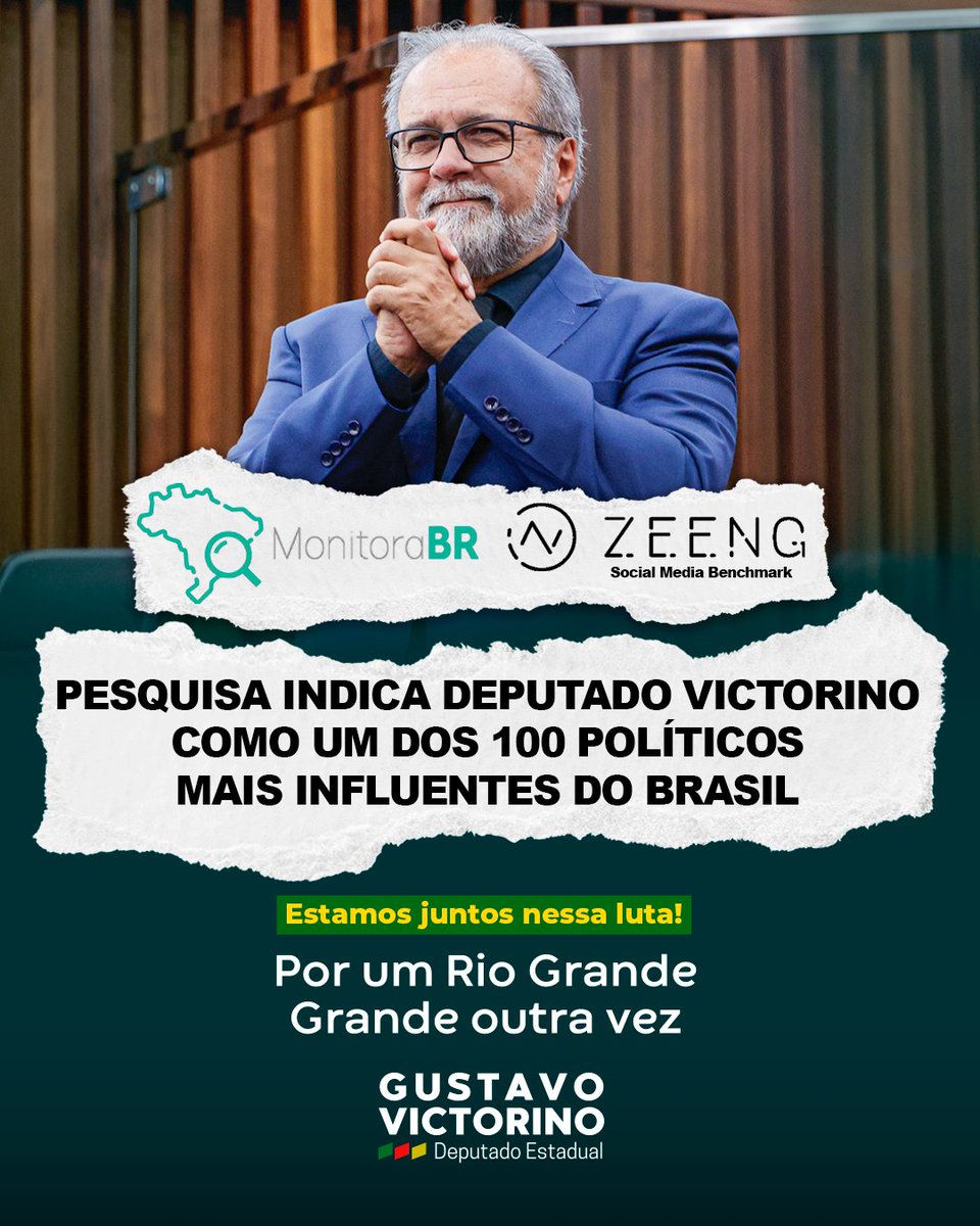 Victorinogustav's tweet image. 🚀 Deputado Gustavo Victorino entre os 100 mais influentes do Brasil! 🇧🇷
Segundo pesquisa da MonitoraBR, em parceria com a Zeeng Social Media Benchmarking, o parlamentar aparece como um dos 100 políticos mais influentes do país.