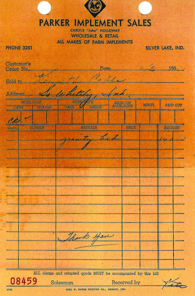 UnverferthMfg's tweet image. It’s long been said that the first Parker box cost $140 and was sold to Kenneth Coble Oct. 3, 1960, of South Whitely, IN. On Tuesday, his son, Kerry, dropped by with the receipts! That ole #1 serial number is now with Echoes of the Past, Warsaw, IN. Thanks, Kerry! #FBFriday