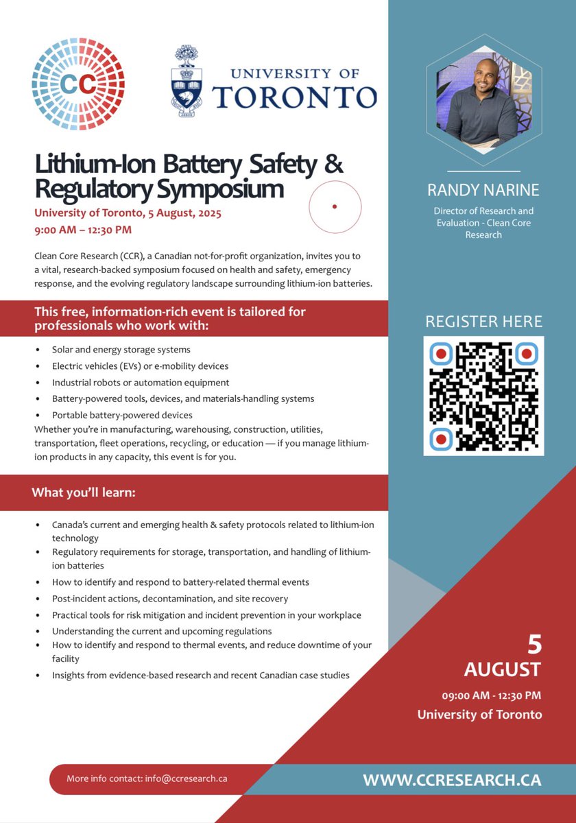 RandyNarinee's tweet image. We’ve had an incredible response to the Clean Core Research Lithium-Ion Battery Safety & Regulatory Symposium, far beyond what we expected.
Due to the surge in registrations, we’ve moved to a larger lecture hall at the @UofT. It’s more than just a bigger space, it’s the very…