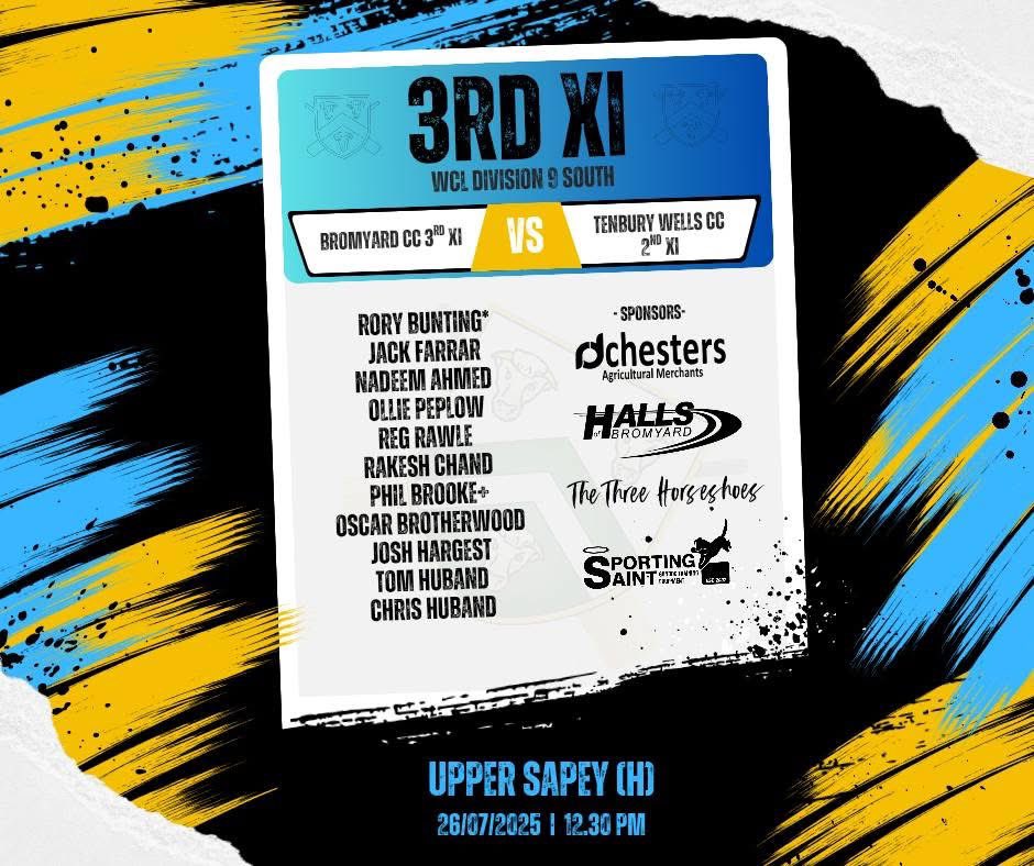 Finally tomorrow the 3rd XI host Tenbury Wells 2nd XI in their final home game of the season at Sapey. 

#uptheBrom
#BuntosBarmyArmy