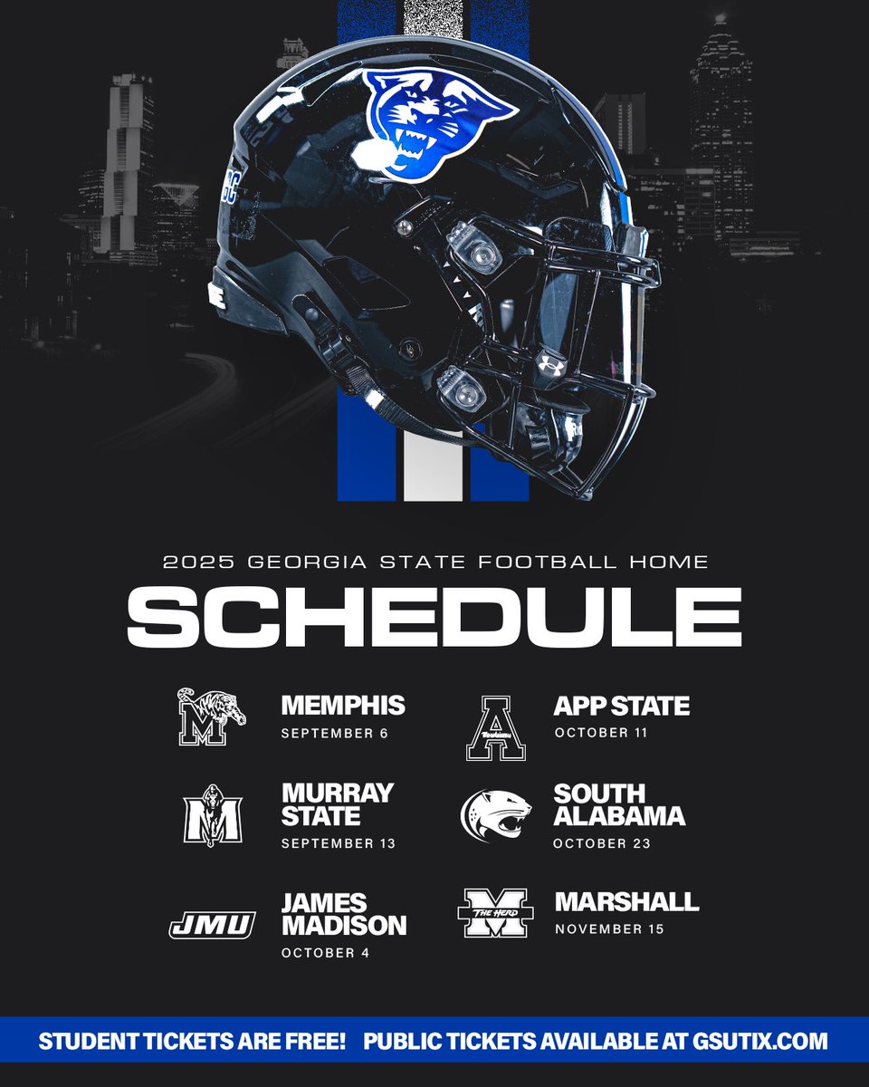 GeorgiaStateFB's tweet image. See you there! 🏈
Game days hit different when you’re in the stands. Get your tickets at GSUTix.com and come watch New Atlanta!
#LightItBlue | #NewAtlanta
