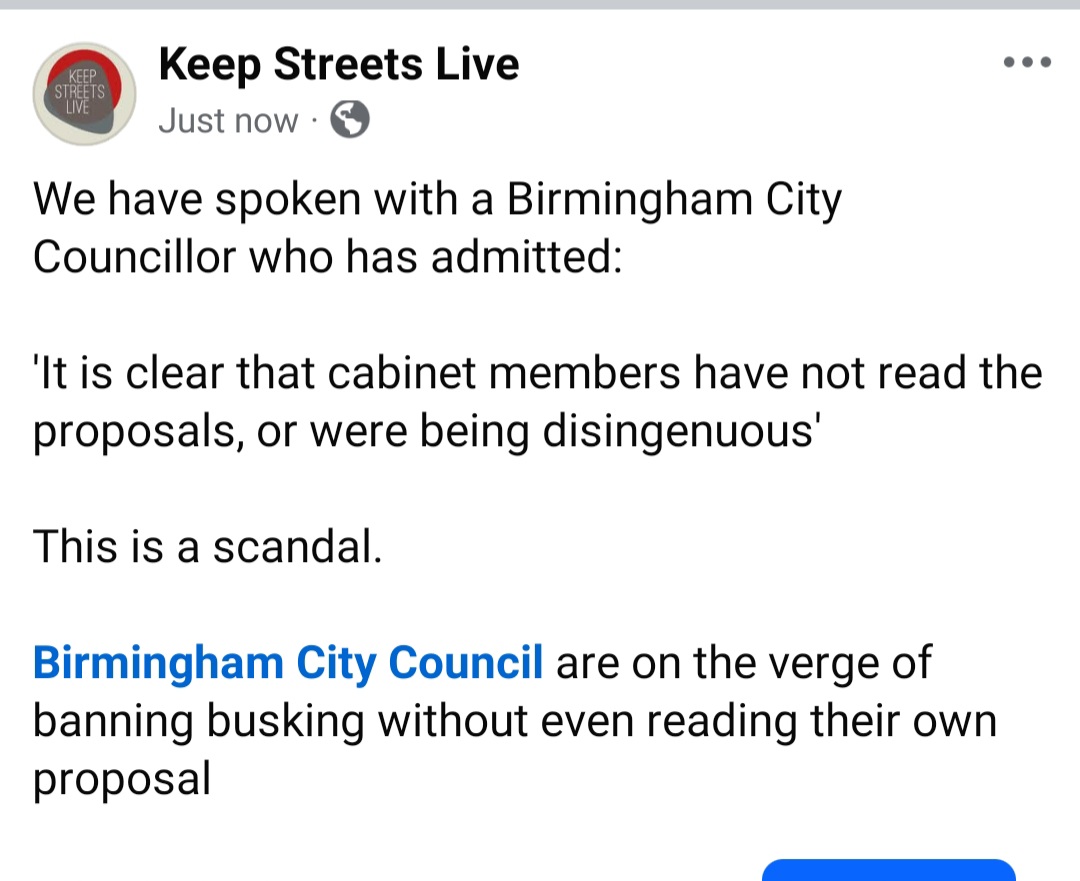 Birmingham Council are about to pass a busking ban that they have been told does not ban busking. Either <a href="/TennantJamie/">Jamie Tennant</a> has deliberately misled the council, or he has also not read the proposals

<a href="/bbcmtd/">BBC Midlands</a> 
<a href="/birmingham_live/">Birmingham Live</a> 
<a href="/bbcwm/">BBC Birmingham & Black Country</a> 
<a href="/BhamCityCouncil/">Bham City Council</a> 
<a href="/PrivateEyeNews/">Private Eye Magazine</a>