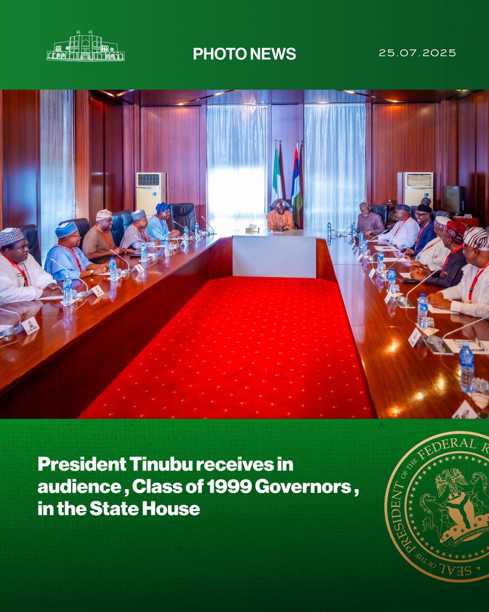 NGRPresident's tweet image. President Tinubu receives in audience, Class of 1999 Governors, in the State House