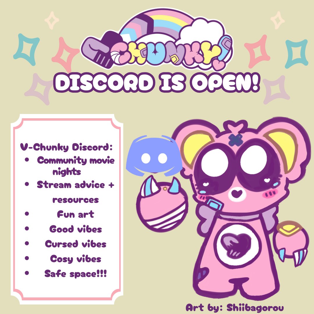 _VChunky_'s tweet image. 📣HEY CHUNKIES‼️
Chunk wants YOU to join the V-Chunky Discord server! We've got movie nights, help boards, resources, fun art corners and more!
✉️ INVITE IS BELOW!