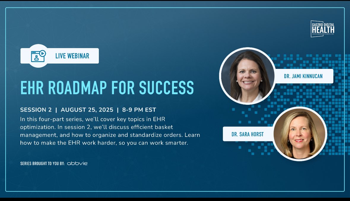Gastro Digital Health (@gidigitalhealth) on Twitter photo Please join <a href="/HorstIBDDoc/">Sara Horst MD, MPH, FACG</a> <a href="/ibdgijami/">Jami Kinnucan, MD, FACG, AGAF, FCCF</a> for the EHR: Roadmap to Success Session 2
August 25 8PM
Focus on order optimization and in basket management
Register for 🆓 gastrodigitalhealth.org/events/ehr-roa…
Live and will be recorded for those unavailable- recording available to GDH members Please join <a href="/HorstIBDDoc/">Sara Horst MD, MPH, FACG</a> <a href="/ibdgijami/">Jami Kinnucan, MD, FACG, AGAF, FCCF</a> for the EHR: Roadmap to Success Session 2
August 25 8PM
Focus on order optimization and in basket management
Register for 🆓 gastrodigitalhealth.org/events/ehr-roa…
Live and will be recorded for those unavailable- recording available to GDH members