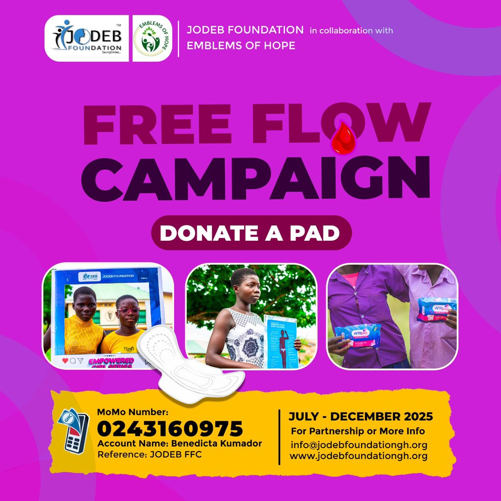 JefferyAfful3's tweet image. Menstruation should never be a barrier.
With #TheFreeFlowCampaign, we’re making sanitary pads free for girls in underserved
communities.

Let’s end period poverty.

#PadsForEveryGirl
#PeriodDignity
#JodebFoundation
#SavingSmiles