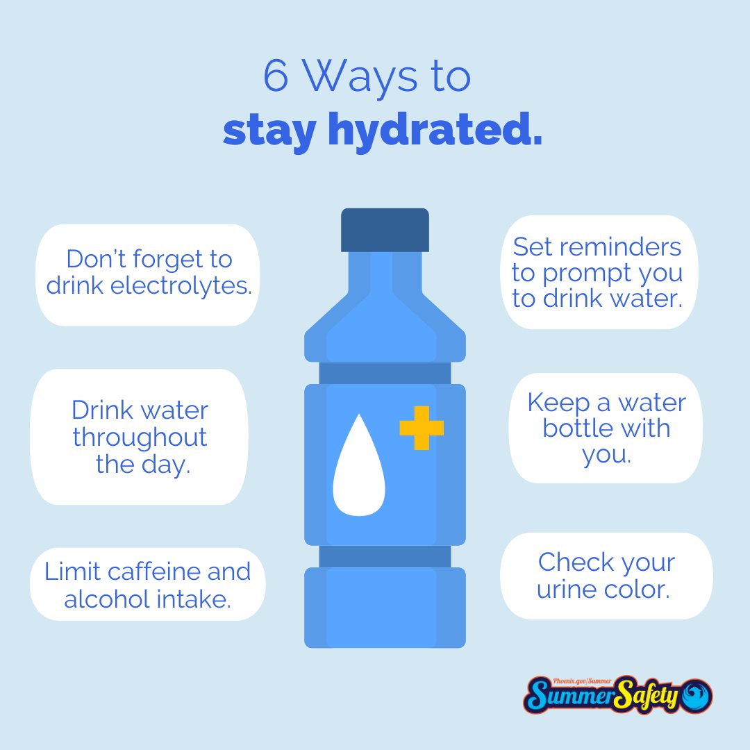 MayorGallego's tweet image. Staying hydrated is key in this extreme heat. 

Here are six ways to stay hydrated. 

Need water? Hydration stations are open across the Valley.
Find one near you: bit.ly/3tocOF3