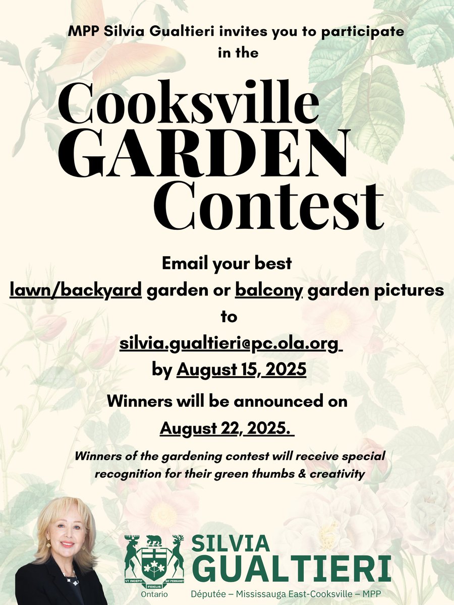 Cooksville's Best Garden Contest is ON!  Got a blooming balcony, lush lawn, or a backyard paradise? Send us a photo of your garden by August 15 for a chance to win special recognition and be featured in our newsletter! 

Entries will be judged by a long-time gardener and a local
