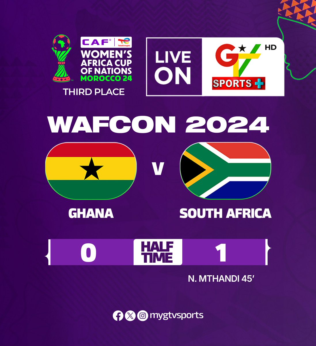mygtvsports's tweet image. HT: Bayana Bayana of South Africa takes the lead in the opening quarter of the game against the Black Queens of Ghana.
#WAFCON2024
#GTVSports
