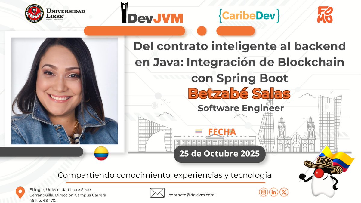 JUGBAQ's tweet image. 🚨 Charla imperdible en DevJVM Barranquilla:  

Betzabé Salas 🇨🇴 
&quot;Del contrato inteligente al backend en Java: Integración de Blockchain con Spring Boot&quot;  

Lo que construirás en vivo: 
- Smart Contract en Solidity ✅ 
- Deploy en Sepolia testnet ✅ 
- Integración con Spring…